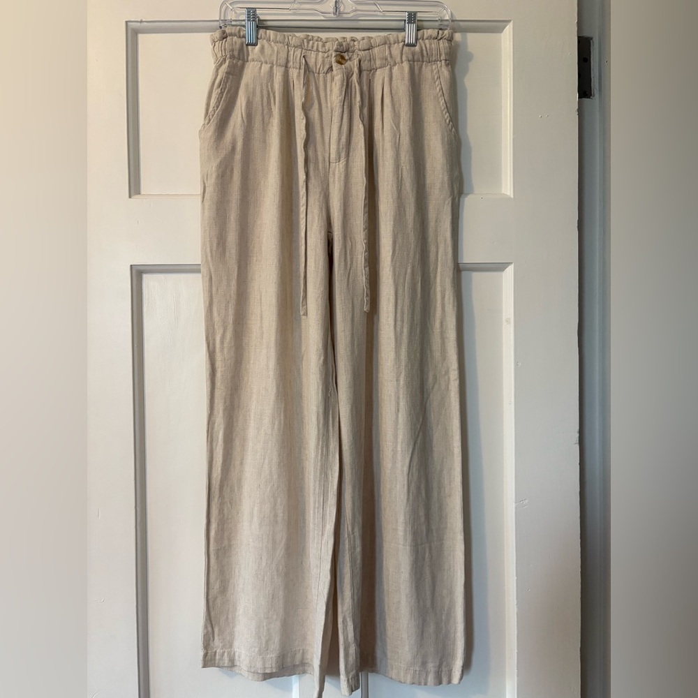 Thread Supply Linen Blend Beige Wide Leg Pants High Rise Pockets Beachy Boho SzM